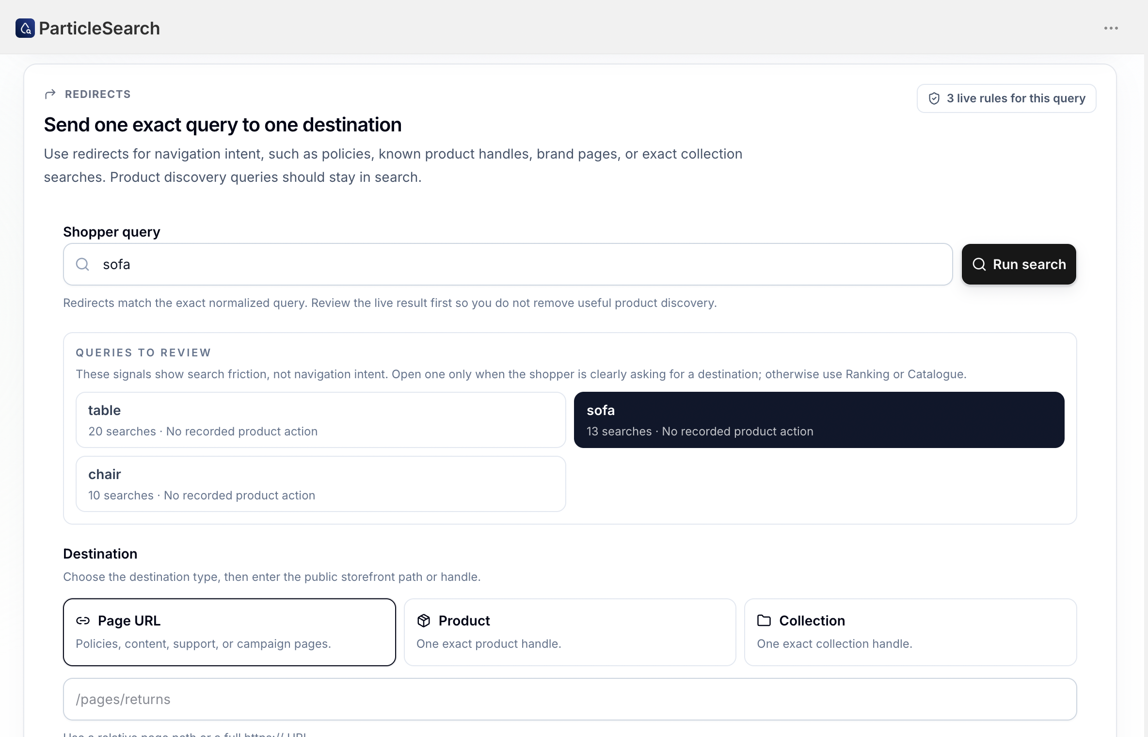 ParticleSearch Redirects workspace showing an exact query, observed review signals, and destination choices for a page, product, or collection